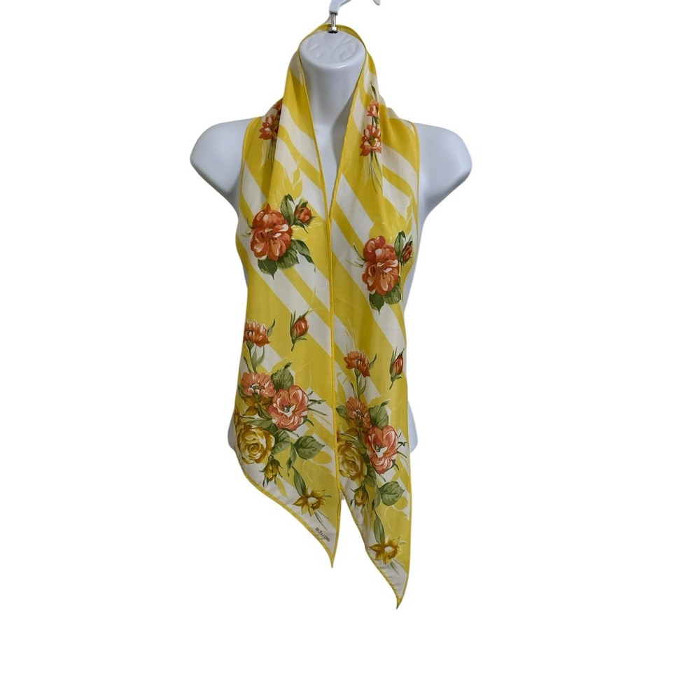 VTG Acute Silk Scarf Yellow Pink Floral Print Lightweight Head/Neck 100% Silk